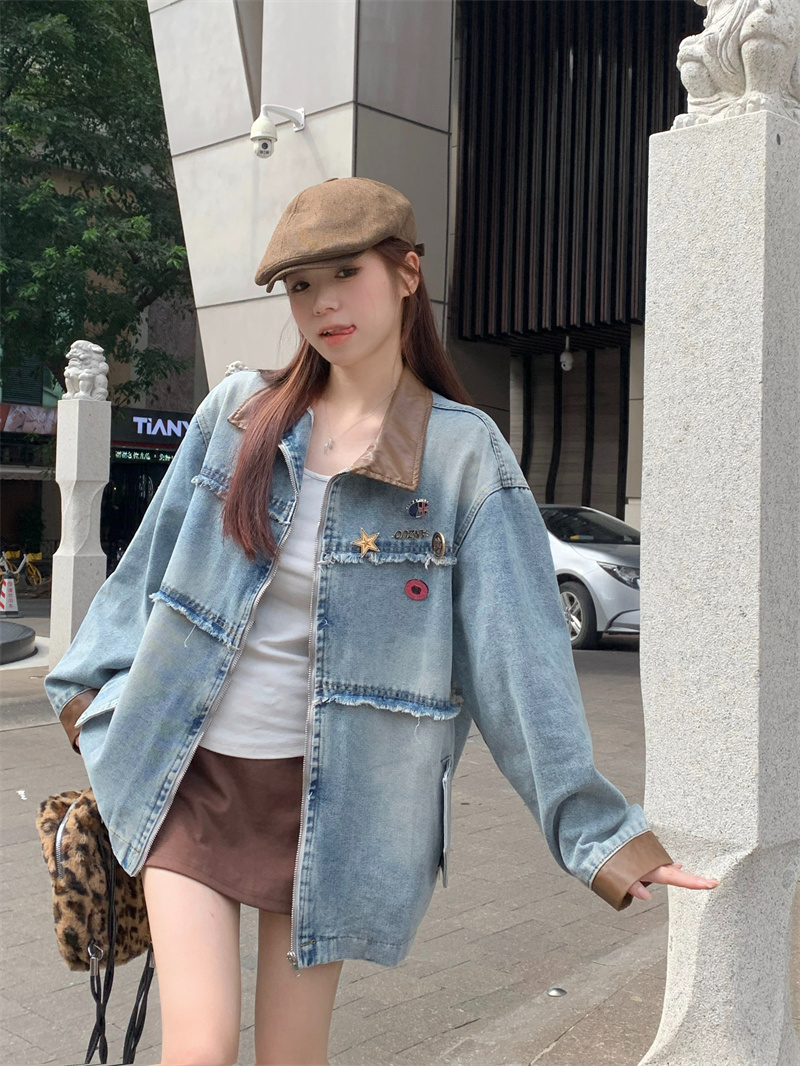 美式復古vintage拼接牛仔外套女裝春秋新款高級感夾克棒球服