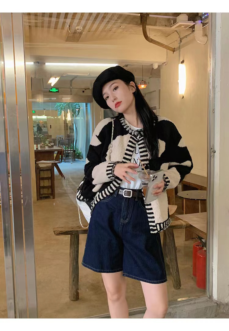楊泡泡奶牛撞色毛衣外套女2023秋冬新款寬鬆韓版慵懶風針織開衫
