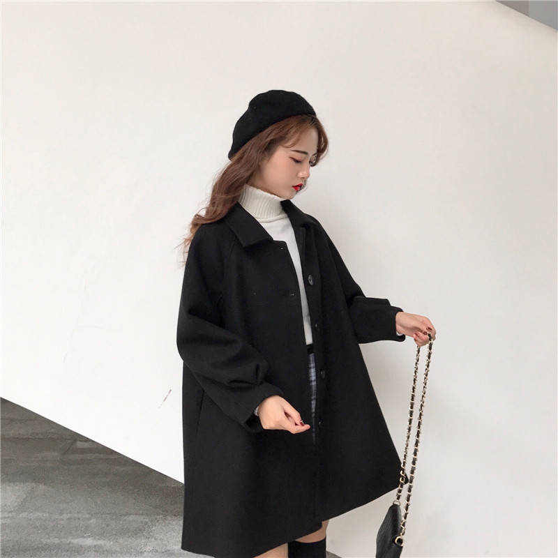 2023秋冬季毛呢襯衫外套女學生中長款韓版寬鬆小個子百搭呢子大衣