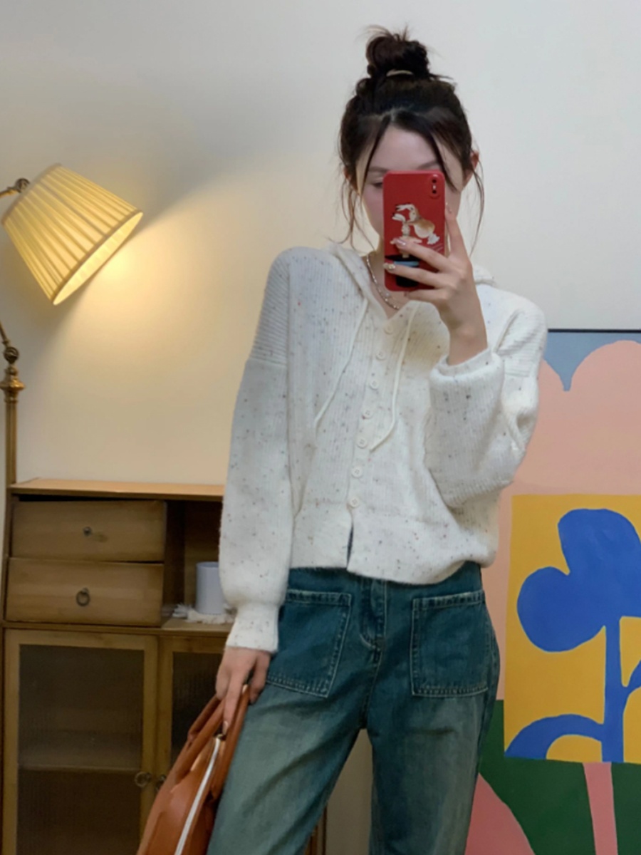 彩點軟糯連帽毛衣開衫外套女春秋2023新款韓系復古慵懶風針織上衣