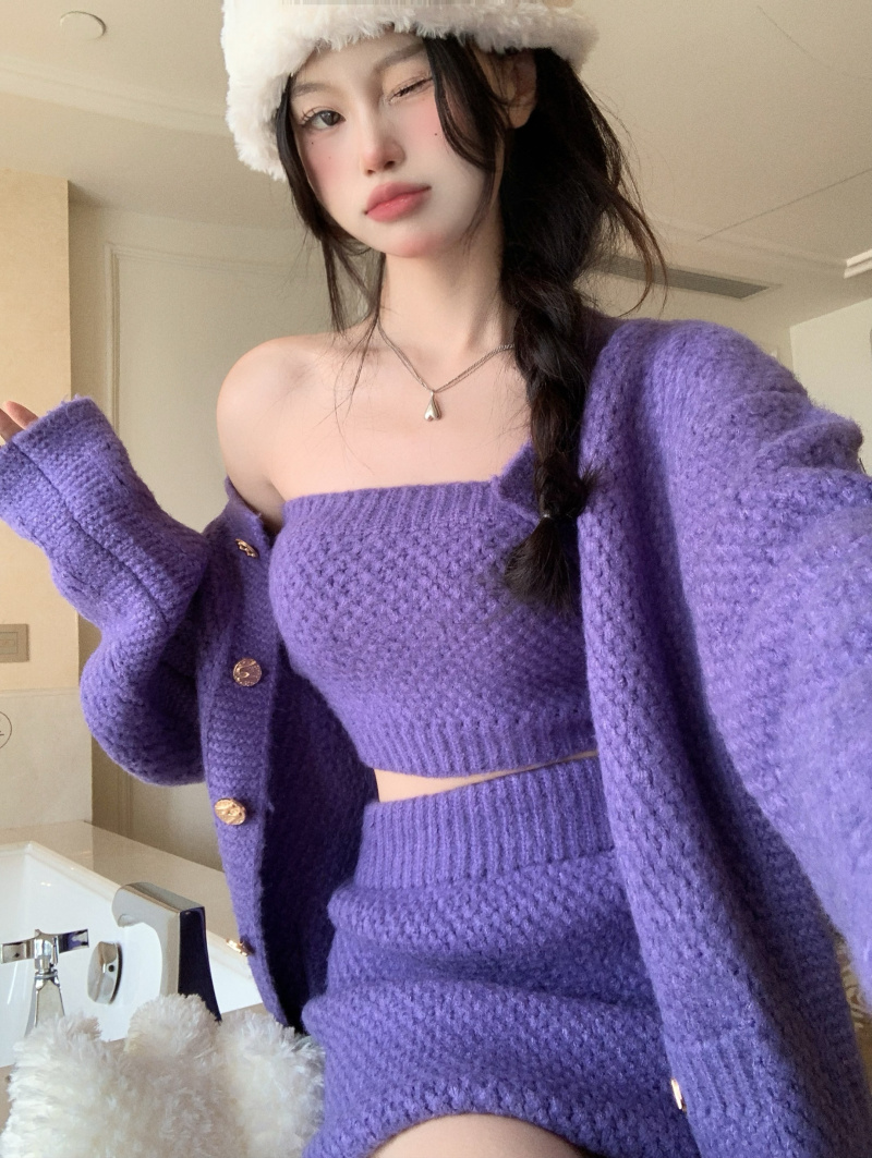 實拍秋裝小香風針織毛衣外套修身吊帶包裙半身裙三件套女