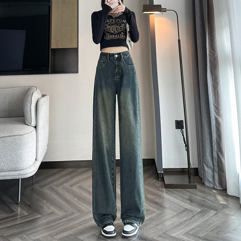 水泥灰牛仔褲女墜感洋氣炸街拖地褲高腰窄版個性顯瘦闊腿長褲潮流