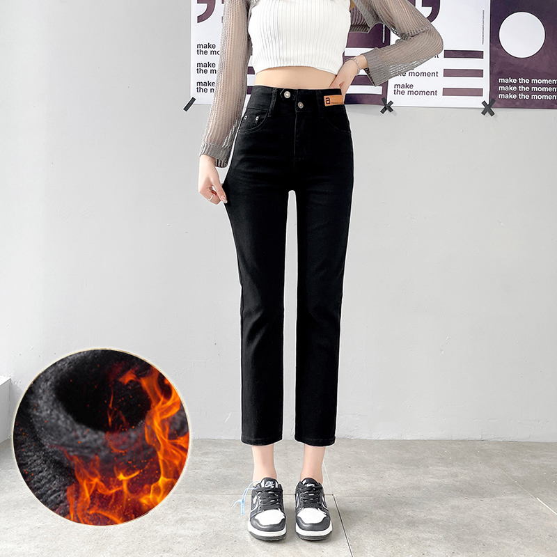 實拍2023秋冬加絨牛仔褲女寬鬆高腰小直筒顯瘦老爹煙管褲九分褲
