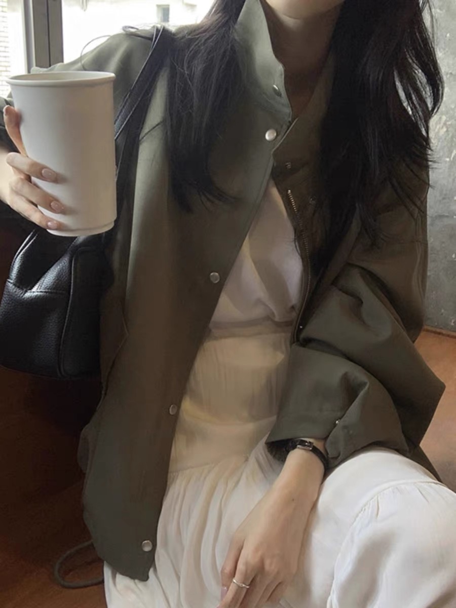Korean chic autumn and winter retro style stand-up collar single-breasted loose trendy versatile lantern sleeve short jacket for women