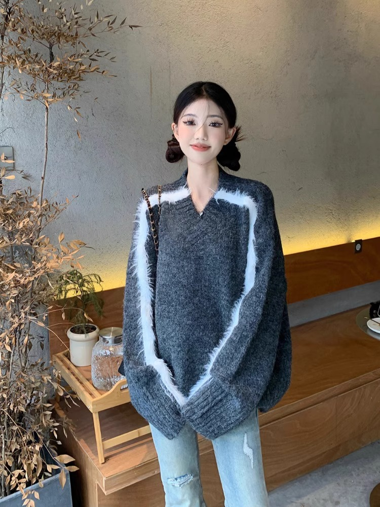 慵懶風灰色毛衣女裝秋冬新款軟糯糯毛絨超好看v領套頭針織