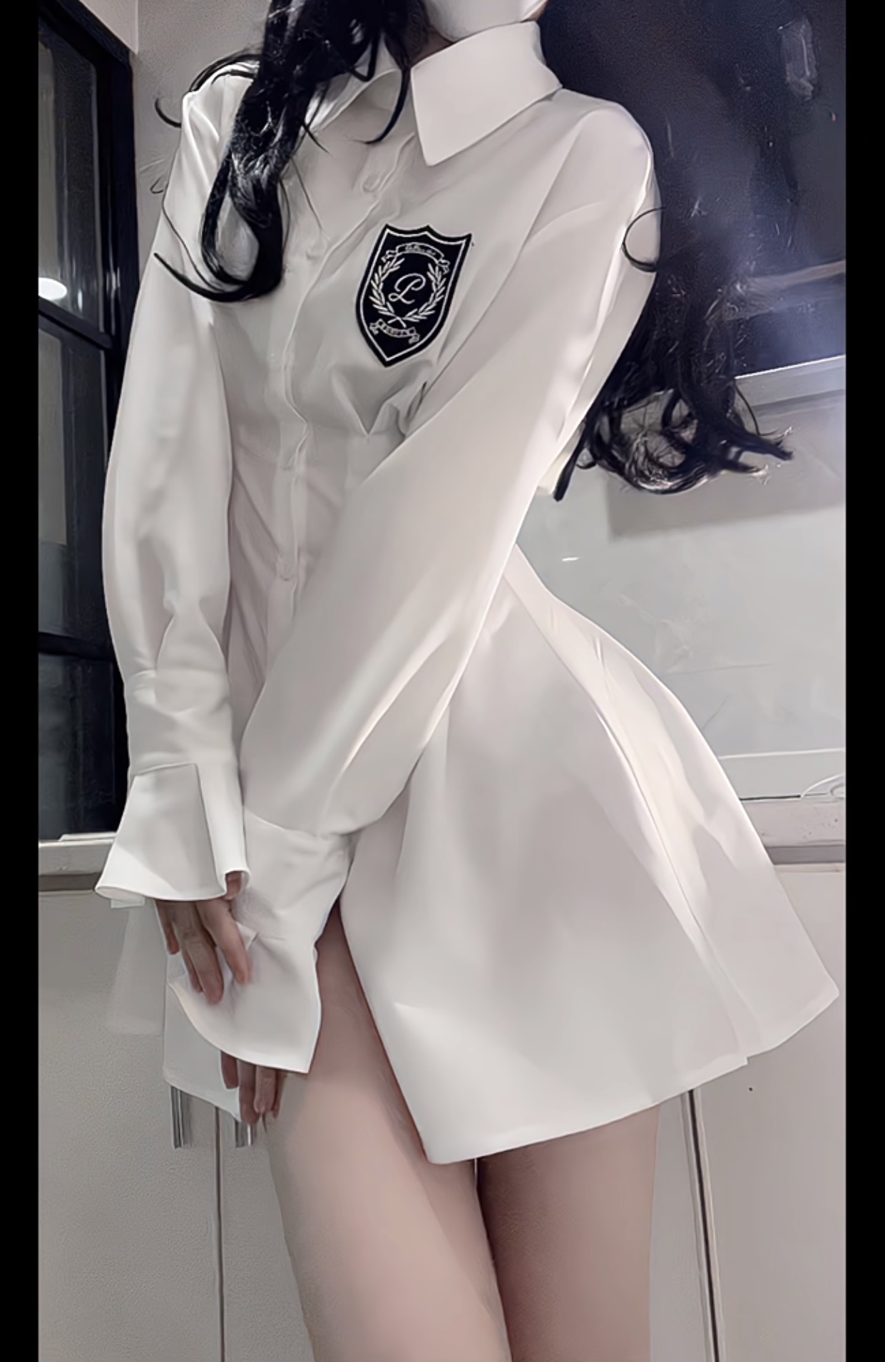 2023春秋新款韓系學院風中長款白色襯衫裙子女辣妹收腰荷葉邊短裙