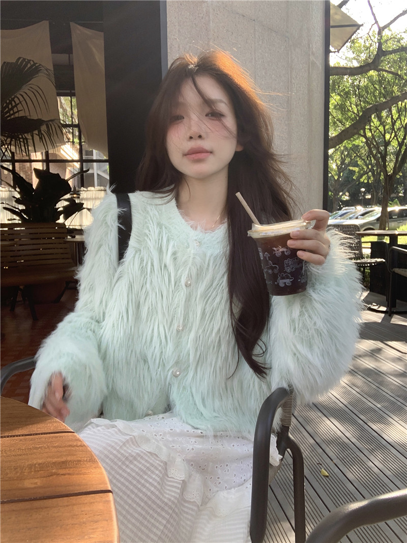 實拍韓系長毛仿皮草慵懶風時髦精開衫加厚毛衣外套