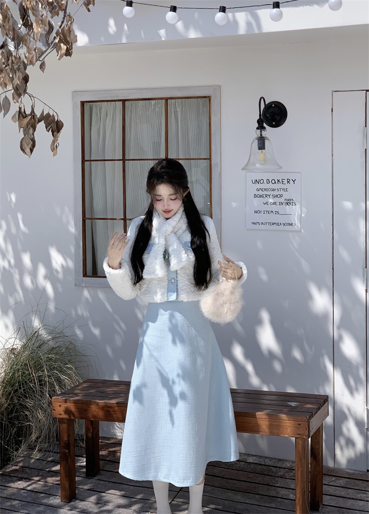 實拍  毛毛拼接夾棉外套配圍脖花朵+高腰半身裙 套裝