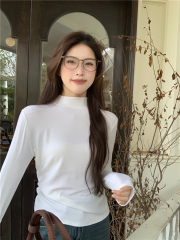 Shot new design, ribbed and thick half-high collar long-sleeved women's top T-shirt, Korean style base shirt