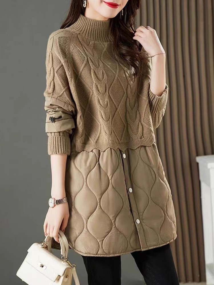 Turtleneck sweater women's mid-length thickened 2023 autumn and winter new fake two-piece knitted sweater spliced ​​cotton loose top