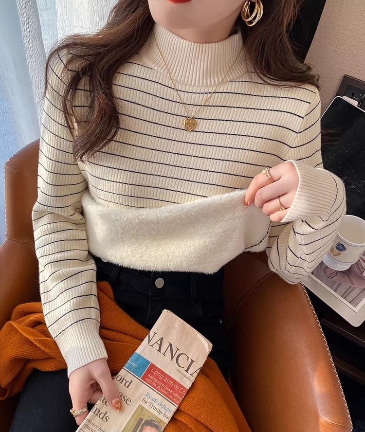 條紋打底衫女內搭2023加絨加厚毛衣秋冬半高領一體水貂絨保暖上衣