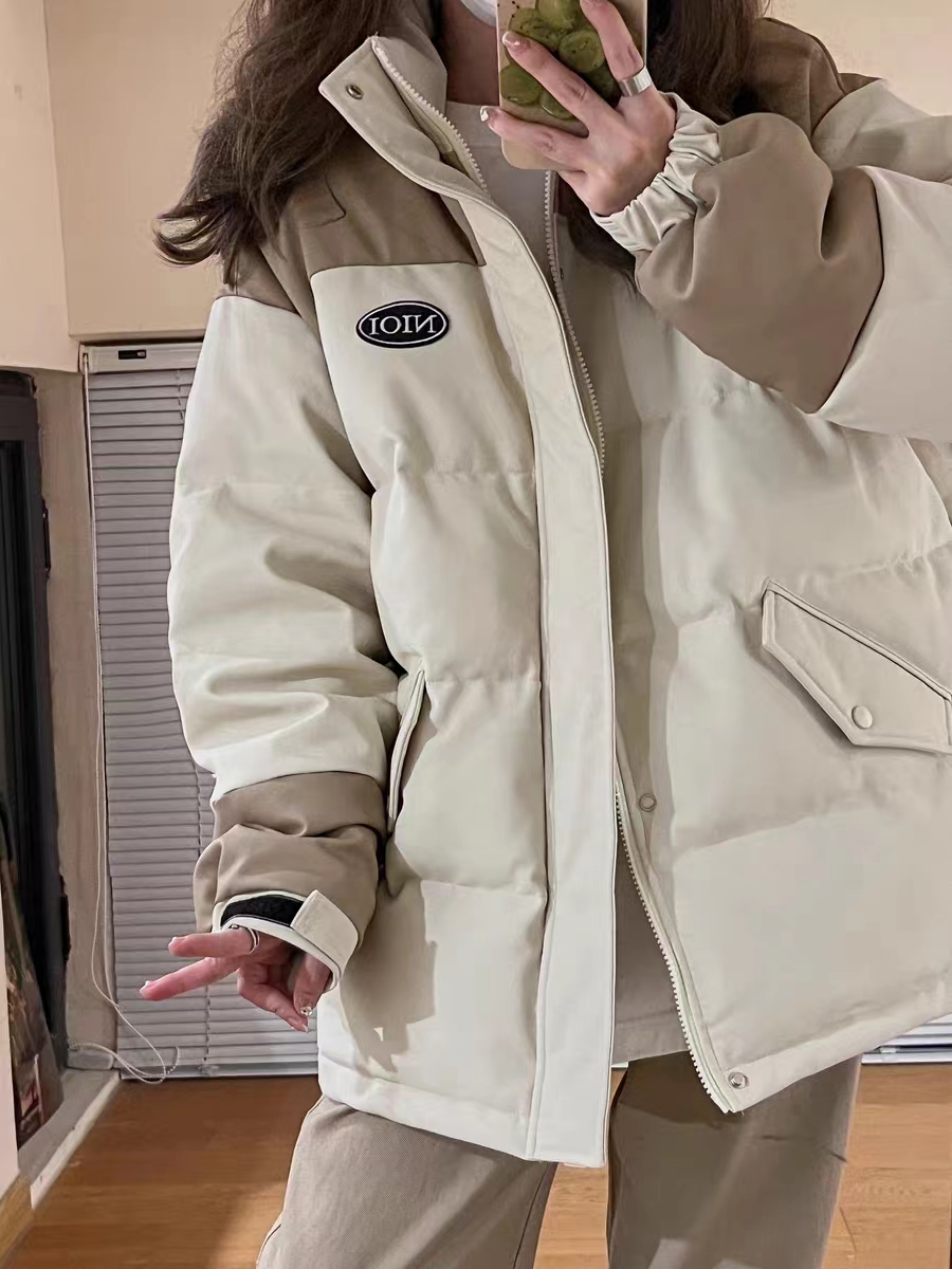 韓版撞色加厚立領pu皮麵包服女冬季新款學生寬鬆拼接棉衣棉服外套