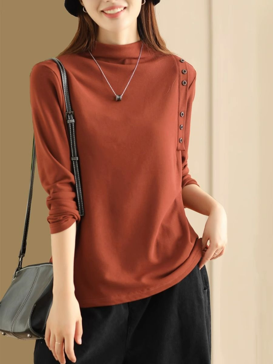 Half turtleneck top for women in autumn and winter, double-sided German velvet button warm base pullover, worn inside and outside to cover the flesh