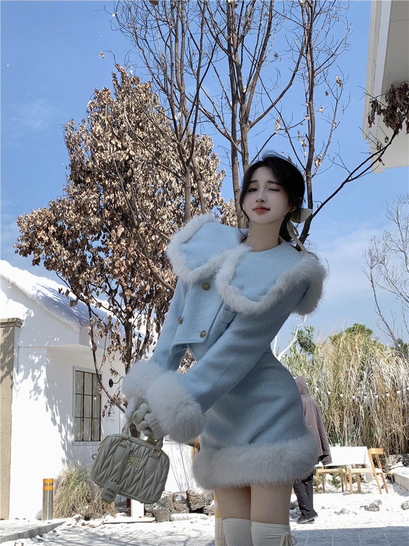 實拍~2023年秋冬新款加棉大牌高級感甜美毛毛可拆卸毛呢套裝