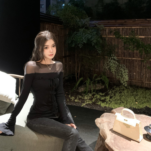 網紗德絨 新款早秋打底衫女設計感內搭修身性感T恤辣妹風長袖