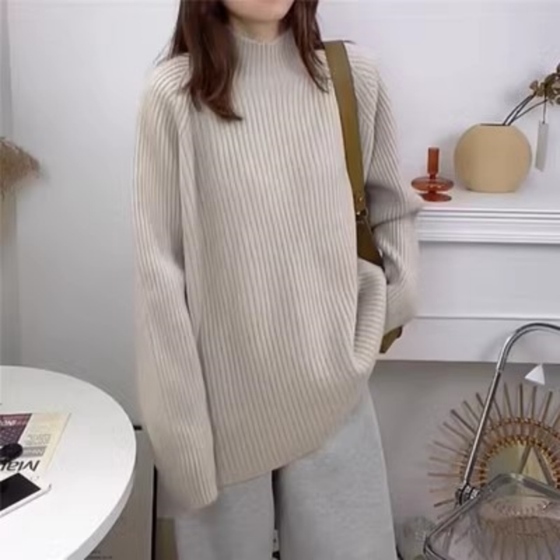 半高毛衣女套頭寬鬆大碼慵懶風上衣加厚長袖韓版針織衫秋冬款打底