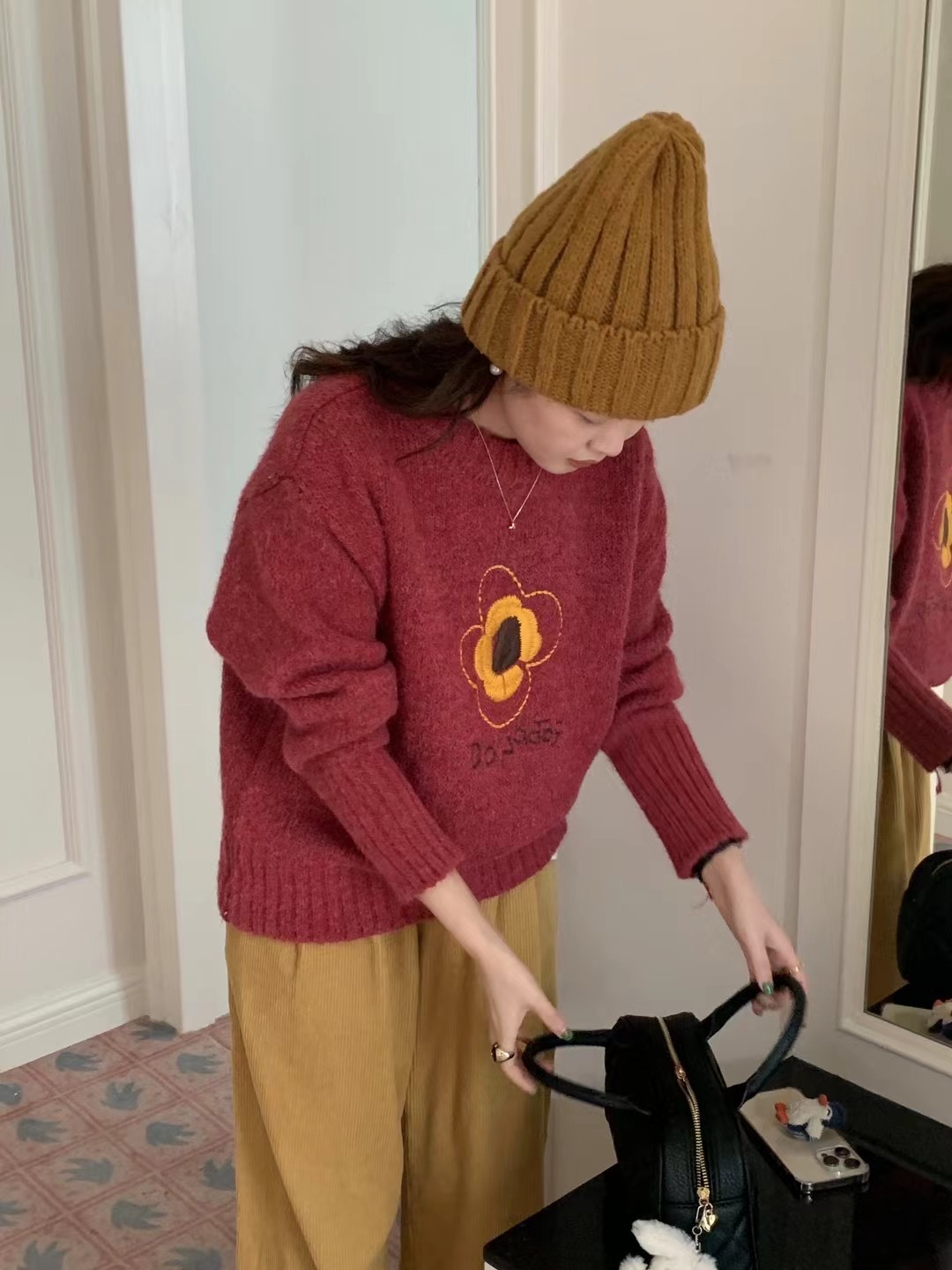手工刺繡套頭毛衣女秋冬外搭寬鬆慵懶風韓系小眾軟糯針織衫上衣