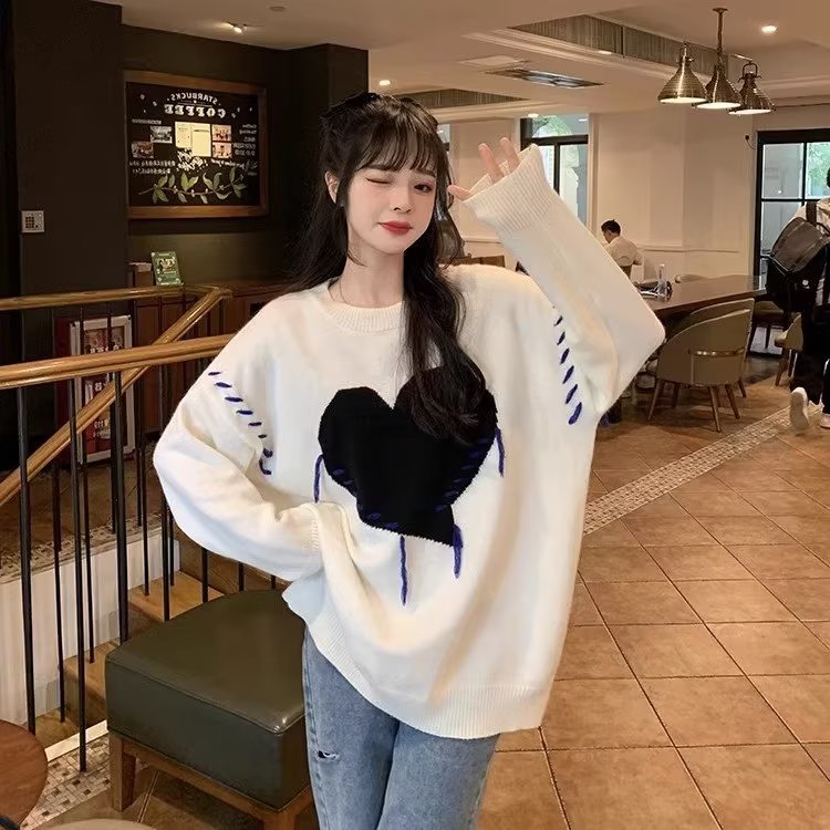 黑色愛心套頭毛衣女秋冬2023新款慵懶風設計感小眾寬鬆針織衫外套