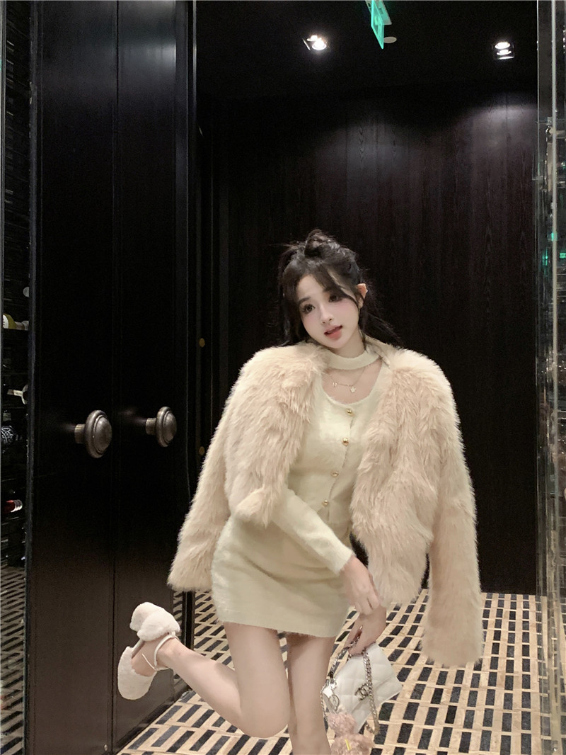 實拍  茶系穿搭絕美毛絨外套純欲御姐套裝