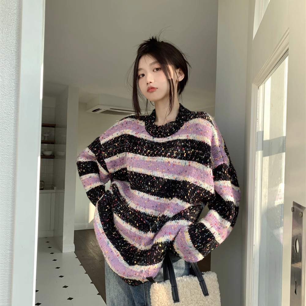 2023秋冬新款美式復古設計感條紋慵懶風寬鬆外搭針織衫毛衣女