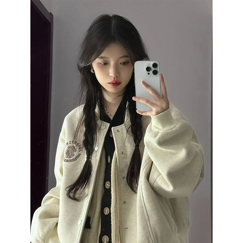 華棉複合牛奶絲有內里美式復古刺繡短款棒球服外套女秋冬季衛衣潮