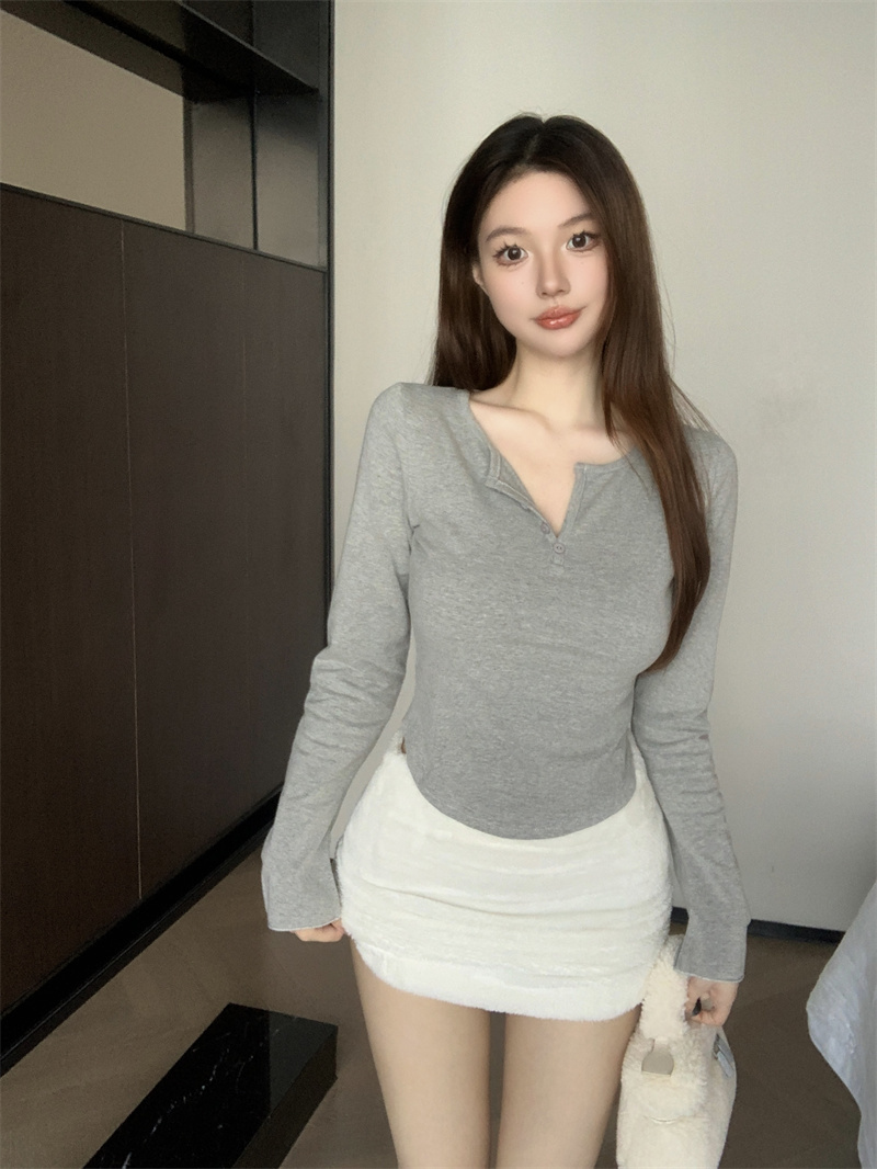 實拍  秋冬季舒適好彈力t恤女修身顯瘦甜辣長袖上衣打底衫