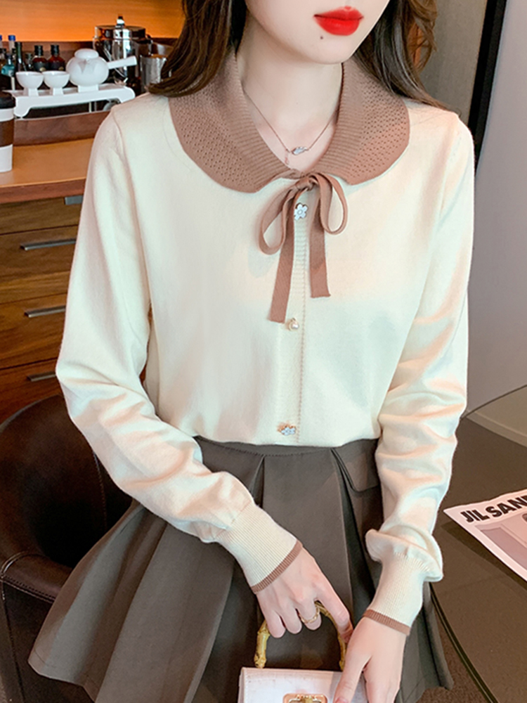 時尚娃娃領針織打底衫女秋冬季2023新款長袖加厚內搭女士毛衣上衣