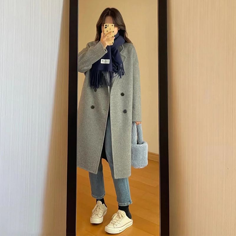 高級感灰色毛呢外套2023年秋冬季韓版加厚小個子呢子大衣女中長款