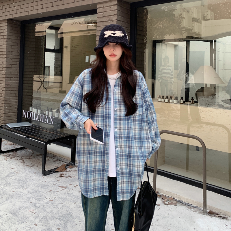 美式復古藍色格紋襯衫女秋冬季百搭慵懶風長袖上衣外套