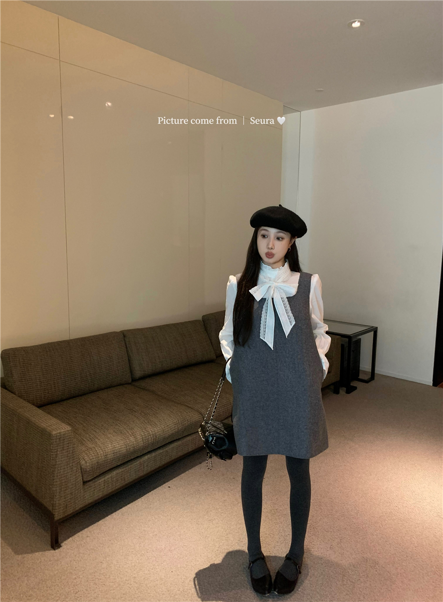 實拍蕾絲精緻內搭蝴蝶結襯衫 毛呢背心裙韓版寬鬆短款背帶裙