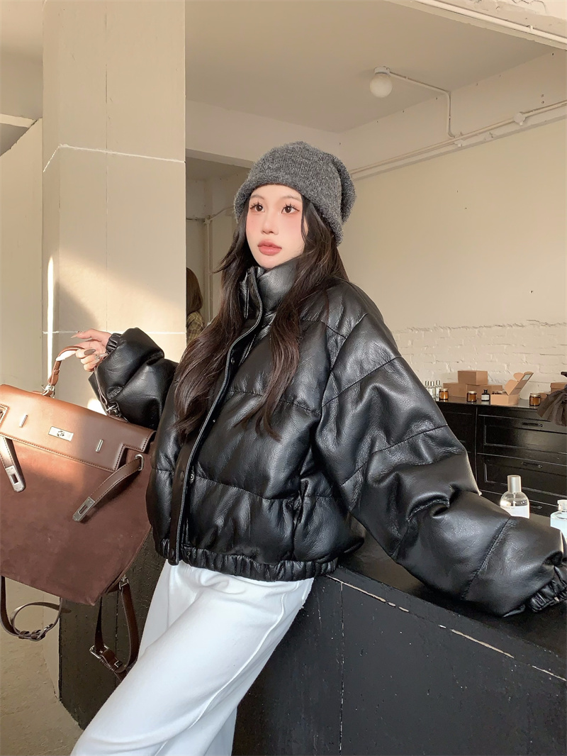 實拍~黑色長袖PU棉服女加厚棉衣外套