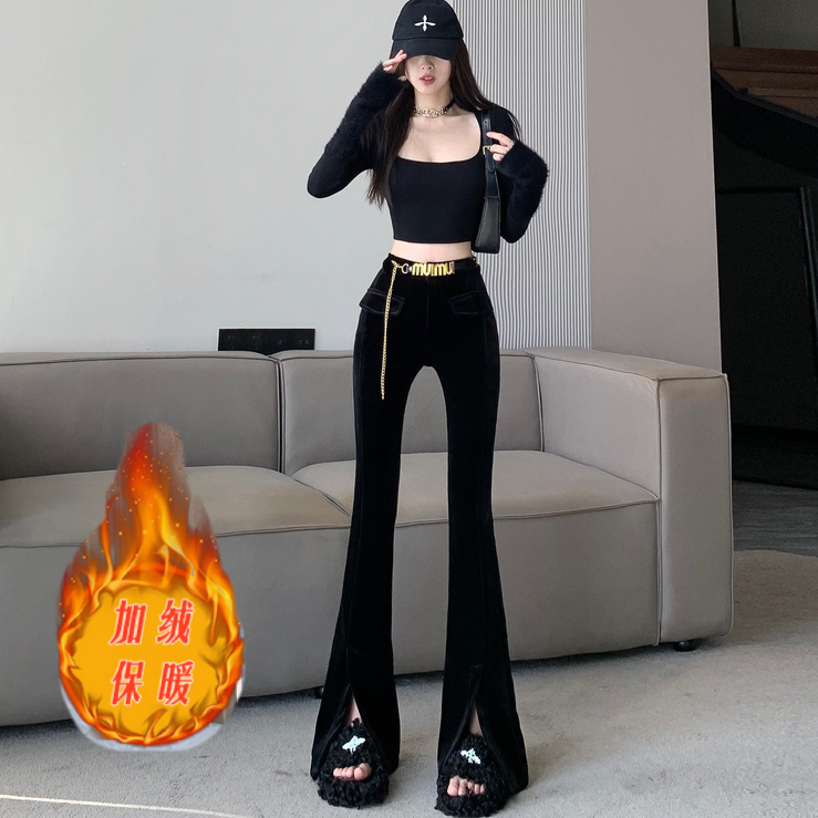 絲絨前開衩喇叭褲女秋冬高腰顯瘦加絨加厚修身顯瘦休閒燈芯絨長褲