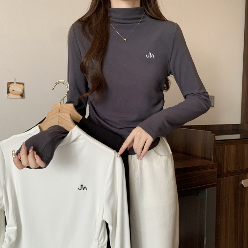 實拍 大碼秋冬韓版修身半高領磨毛打底衫套頭內搭T恤女