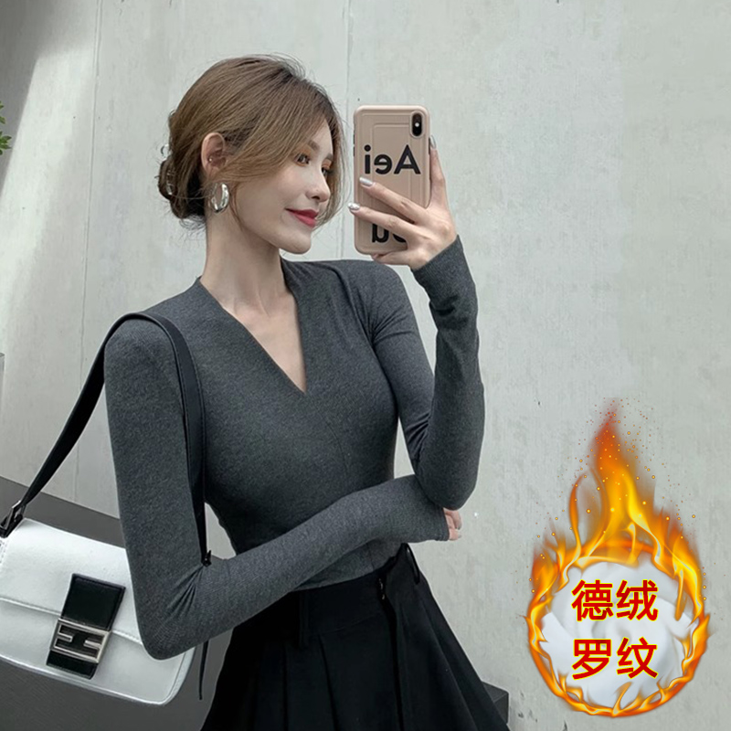 秋冬T恤緊身彈力內搭加絨加厚打底衫V領長袖高腰上衣女