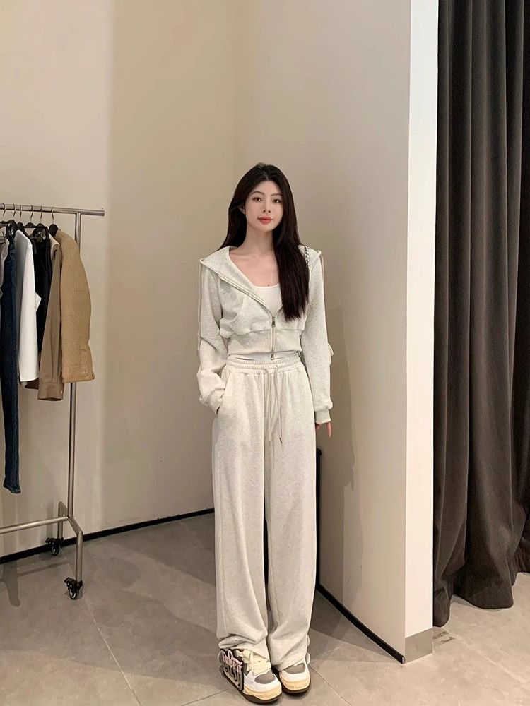 韓系少女慵懶風短款連帽衛衣運動服套裝女春秋新款時尚休閒兩件套