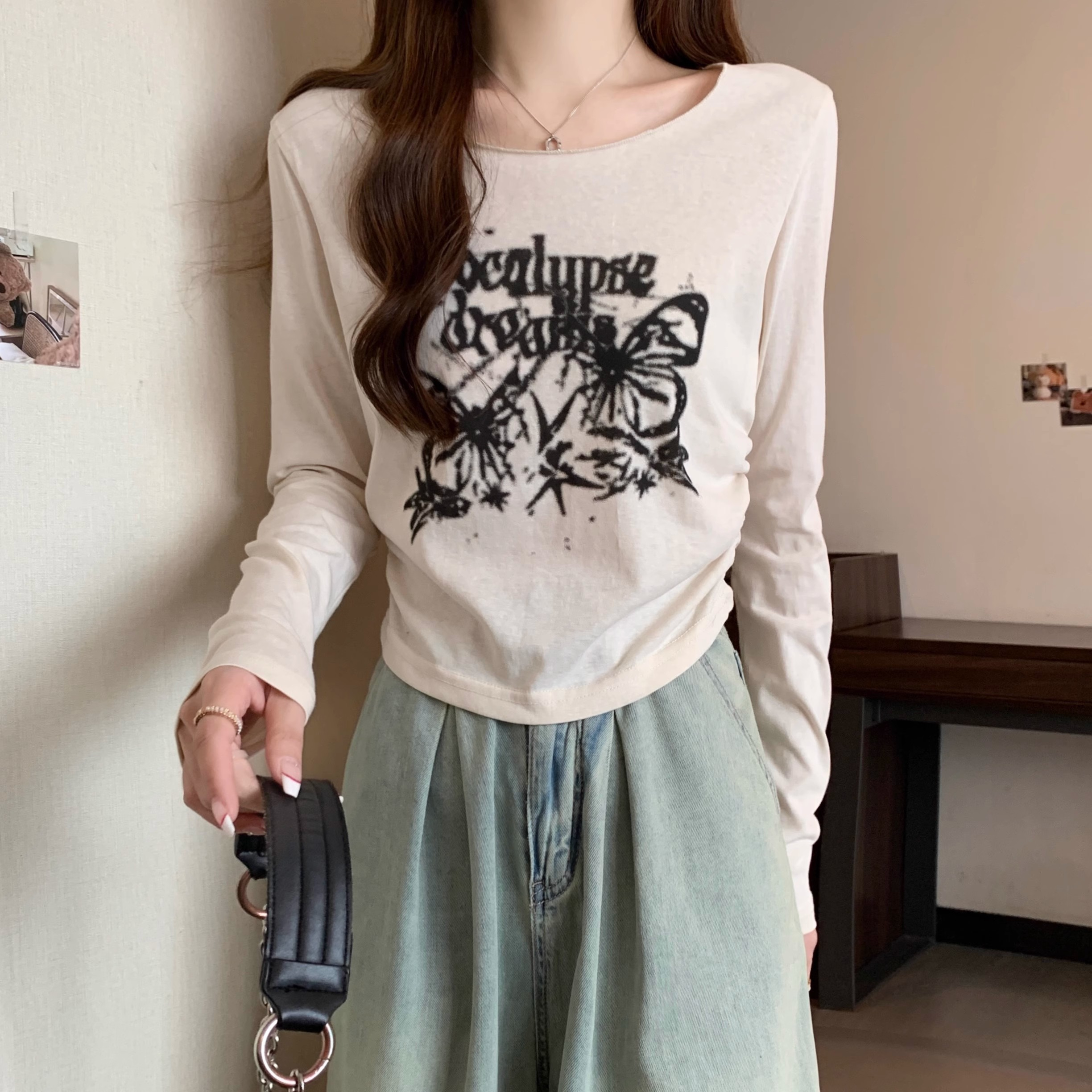 6535 stretch cotton hot girl butterfly print T-shirt women 2023 autumn design short top