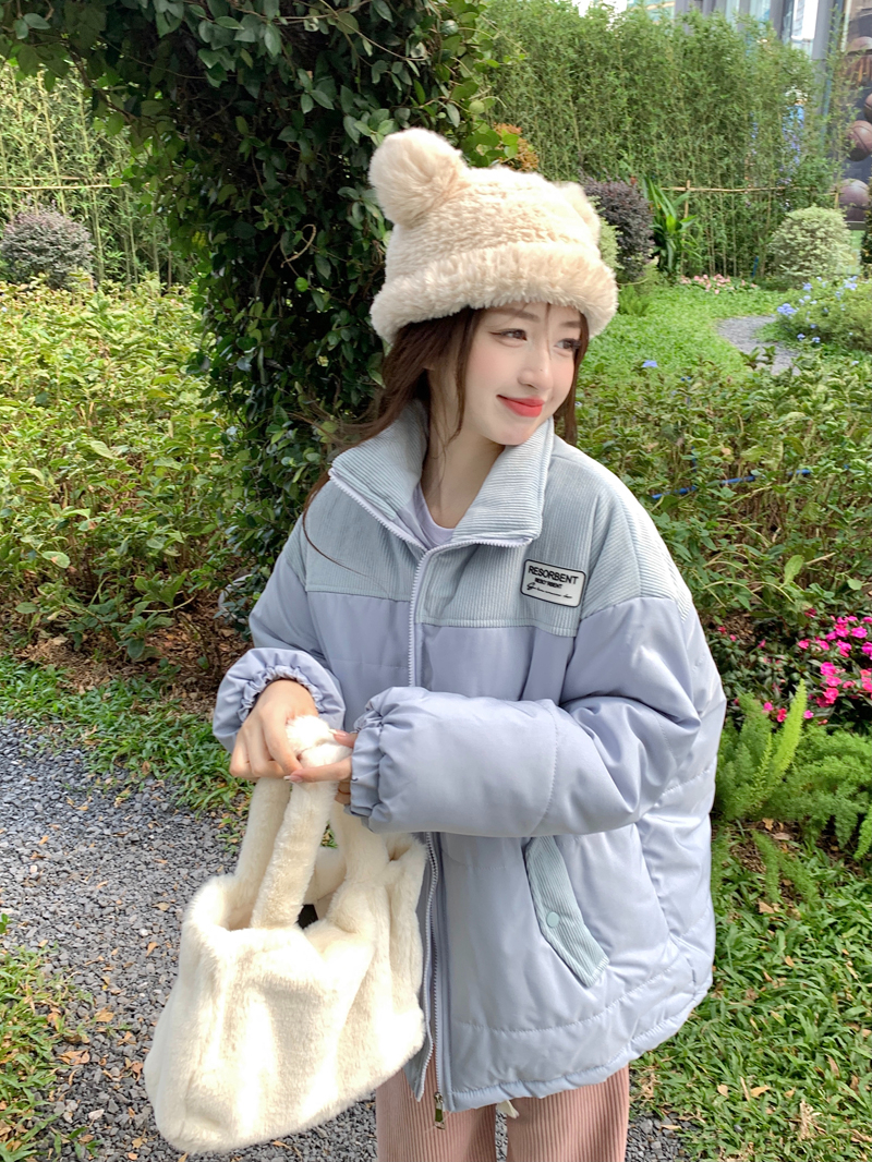 國潮燈芯絨拼接麵包棉服女2023年冬季潮流休閒設計感情侶棉衣外