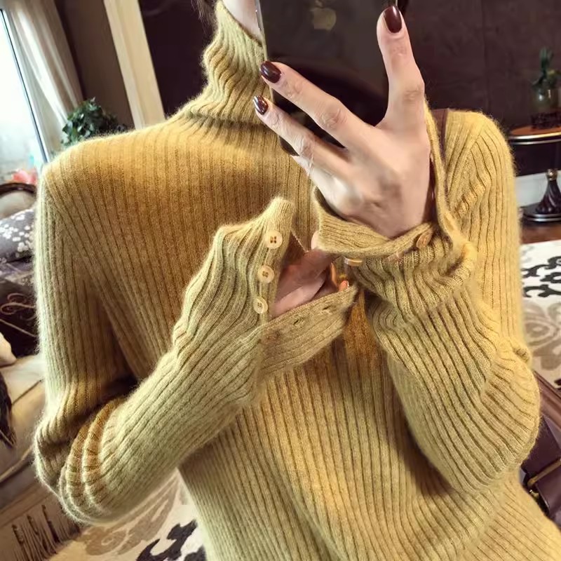 歐貨堆堆高領內搭紅色毛衣女2023秋冬洋氣針織打底衫軟糯上衣