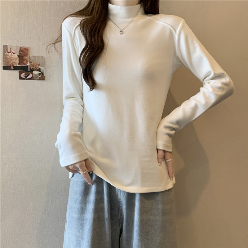 實拍羅紋德絨長袖T恤女秋冬半高領內搭打底衫