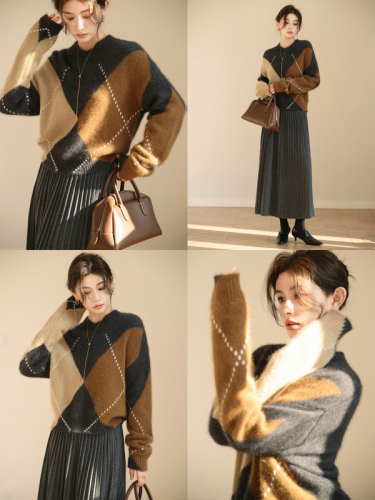 羊毛针织开衫女韩版秋季新款菱形格慵懒风毛衣