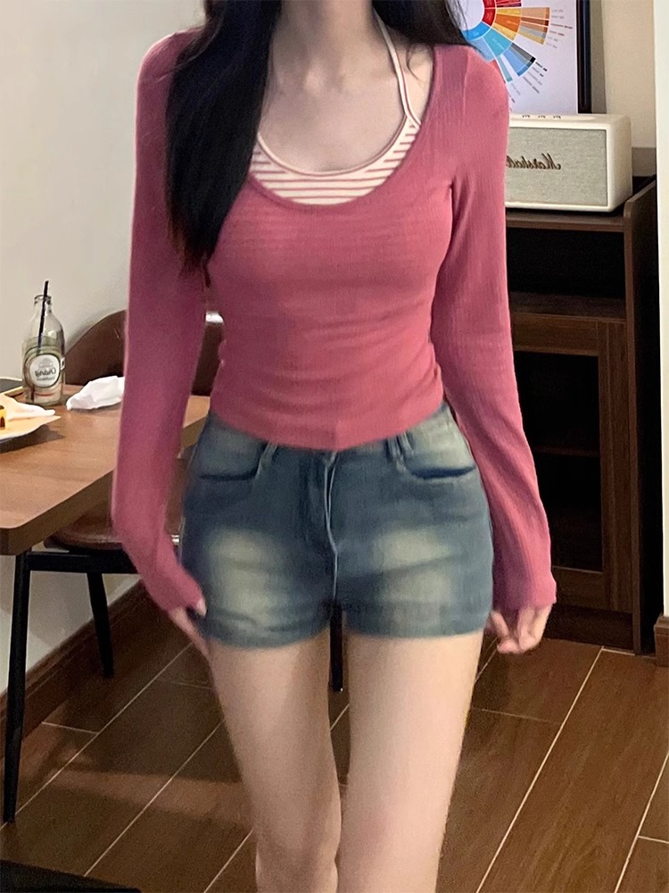 辣妹粉色兩件套長袖T恤女裝秋冬季2023新款修身內搭打底衫短上衣