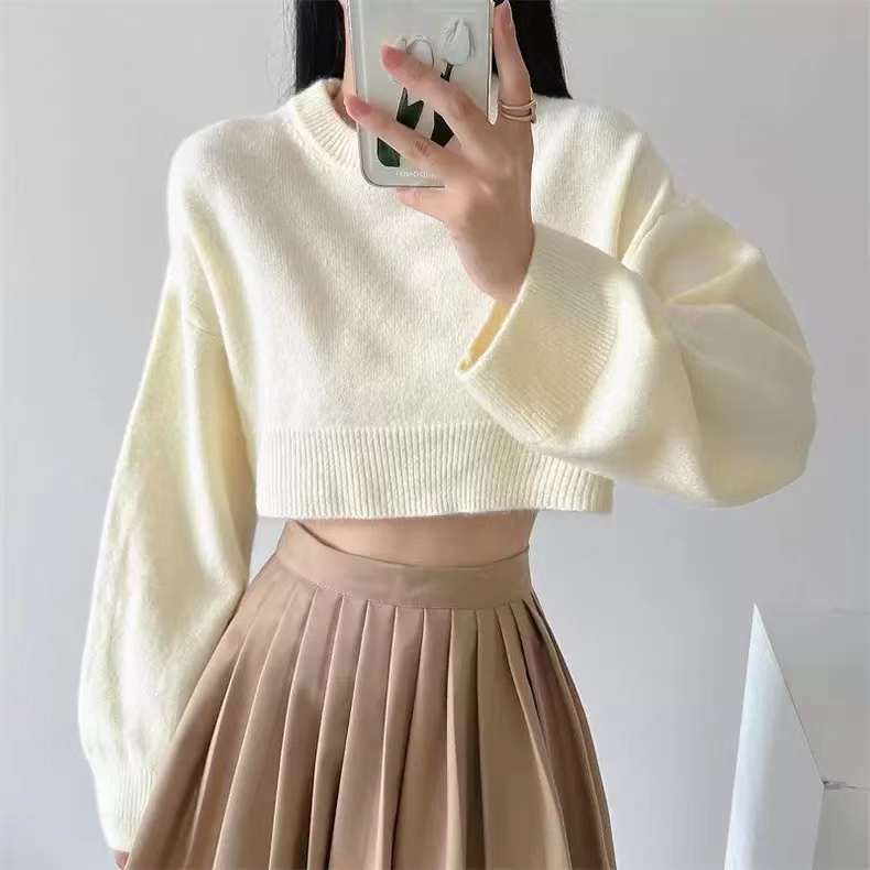 Korean chic round neck loose pullover short sweater for women autumn and winter 2023 new small thickened knitted top