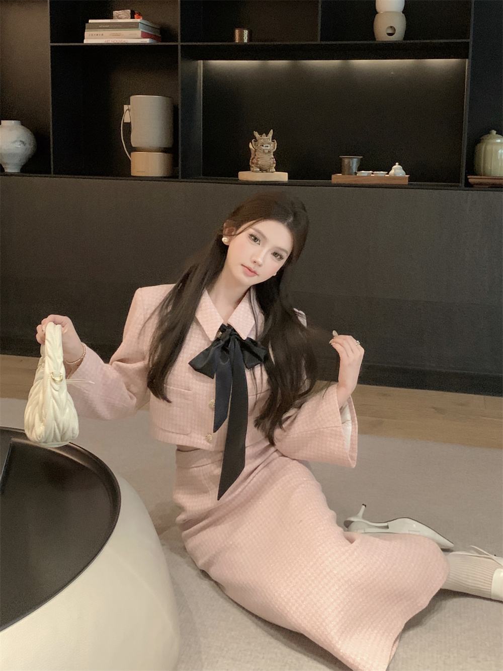 實拍 小香氣質名媛套裝優雅氣質顯瘦兩件套帶絲巾