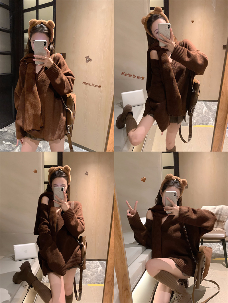 實拍 好愛好愛 chill感V領套頭毛衣圍巾套組女慵懶風長袖上衣