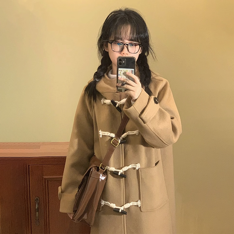 牛角扣呢子大衣女秋冬季2023新款小個子高級感加厚韓系女毛呢外套
