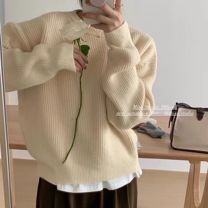 韓版豎條紋寬鬆百搭純色圓領毛衣女秋冬加厚保暖慵懶風學生針織衫