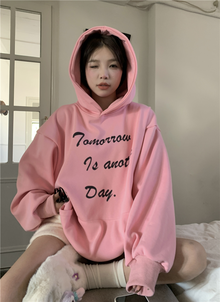 實拍~加絨加厚慵懶風連帽印花字母寬鬆粉色衛衣女