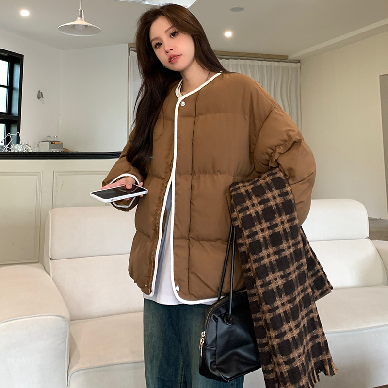 實拍韓版chic百搭撞色包邊無領麵包服棉衣冬季加厚羽絨棉服女