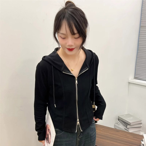Korean style double zipper design hooded cardigan for women 2023 autumn slim casual short coat