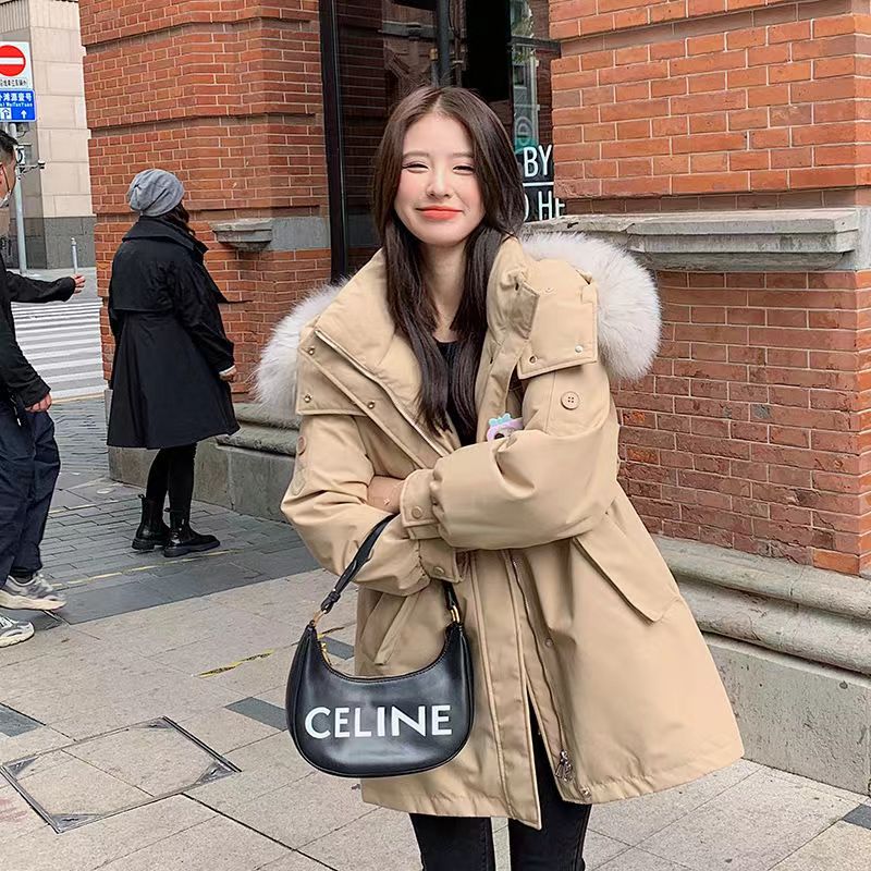 2023 winter new style large fur collar down cotton coat women's short plus velvet thickened loose slimming parka cotton coat for women